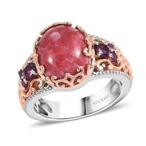 Ring Thulite and Orissa Rhodolite Garnet 6.65 ctw Victorian Blossom Size 10